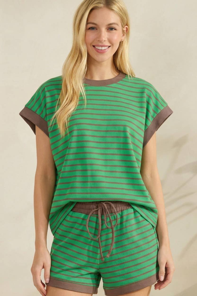 Contrast Striped Round Neck Top & Shorts Set Loungewear