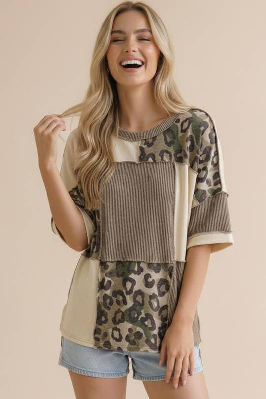 Camo Animal Print Color Block Top