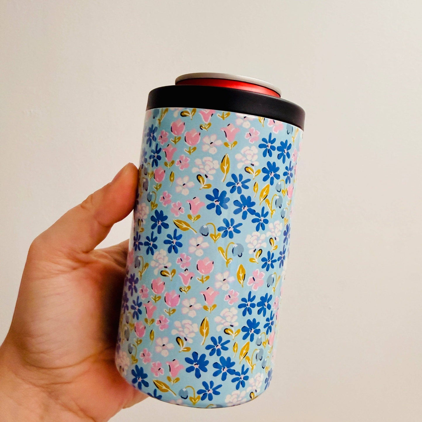 12 oz Can Cooler, Blue Ditsy Floral Pattern
