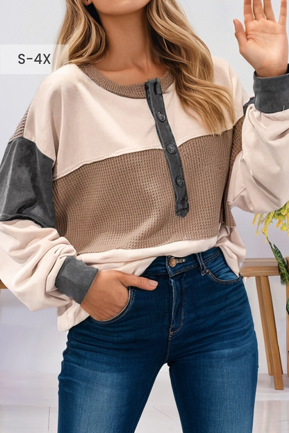 Colorblock Waffled Patchwork Loose Top