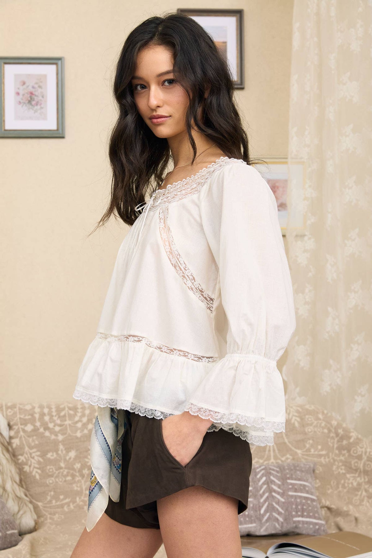 OFF-SHOULDER LACE TRIM FRONT TIE LONG SLEEVE TOP