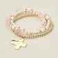 3PCS - Hammered Metal Cross Charm Pearl Beaded Stretch Multi Layered Bracelets
