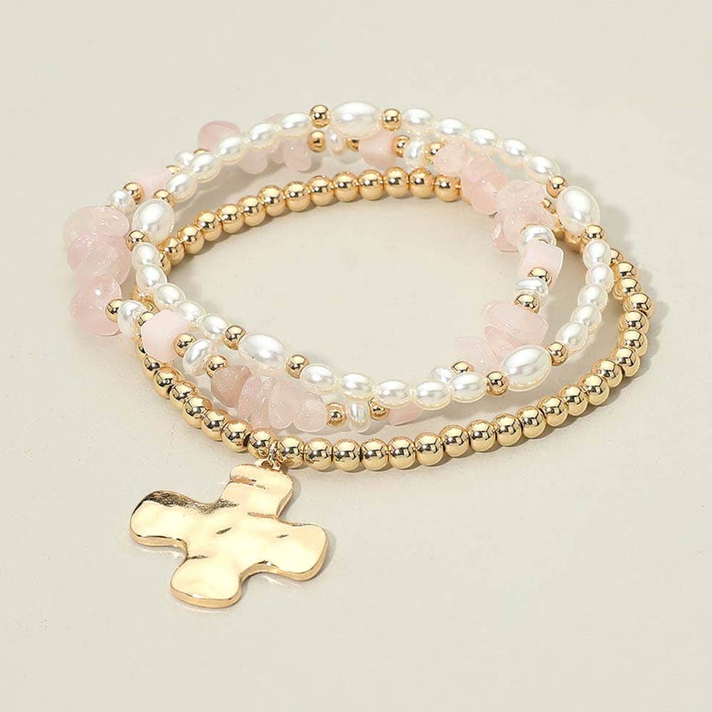 3PCS - Hammered Metal Cross Charm Pearl Beaded Stretch Multi Layered Bracelets