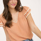 V NECK WAVY TRIM RUFFLE SLEEVE TOP