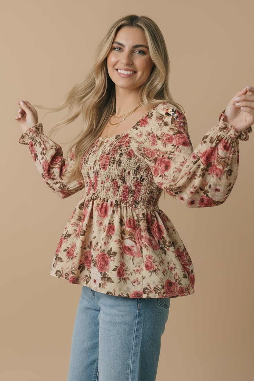 Plus V Neck Floral Babydoll Smocking Fit Top