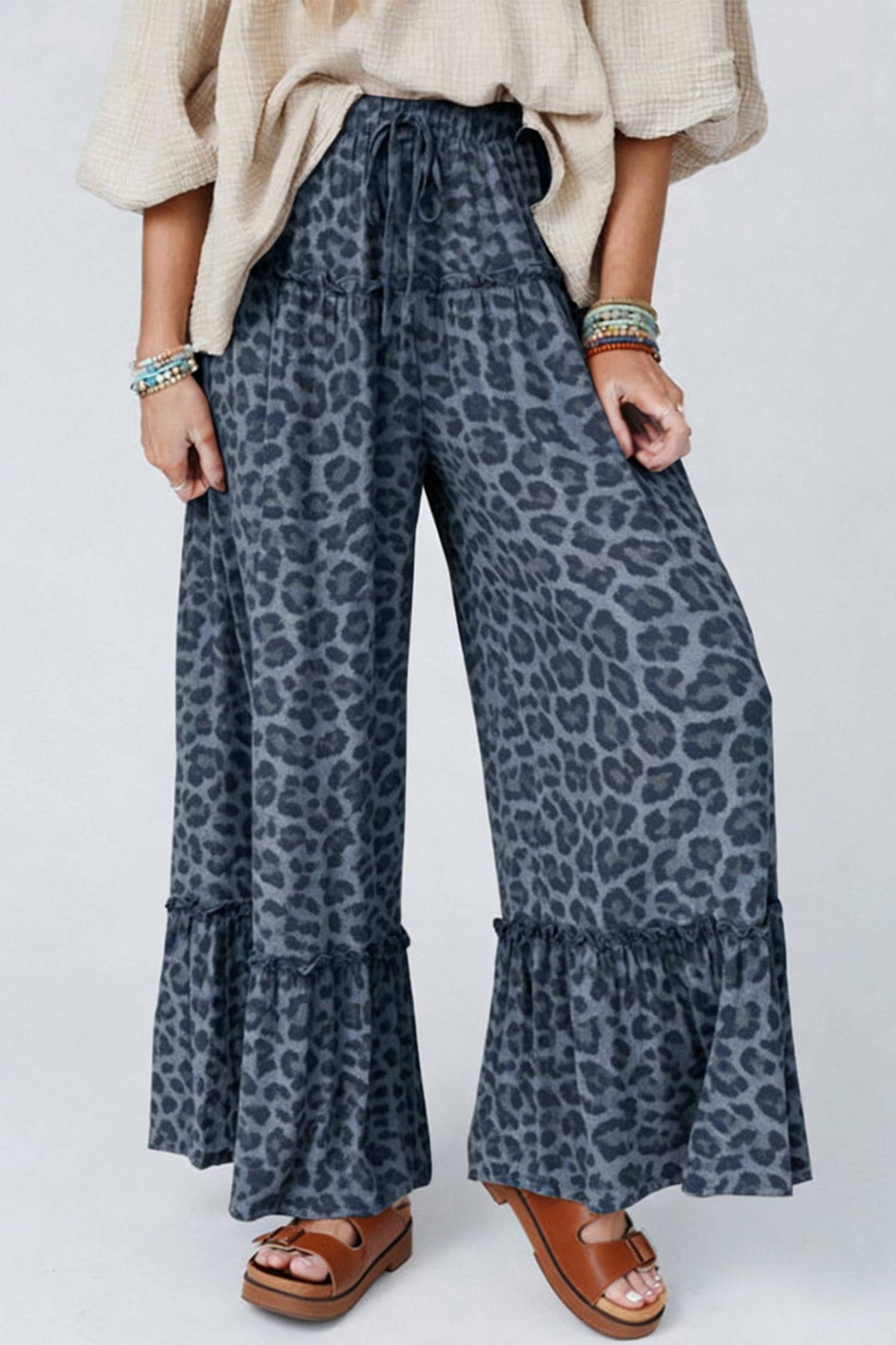 Wild Leopard Print Frilled Drawstring Wide Leg Pants