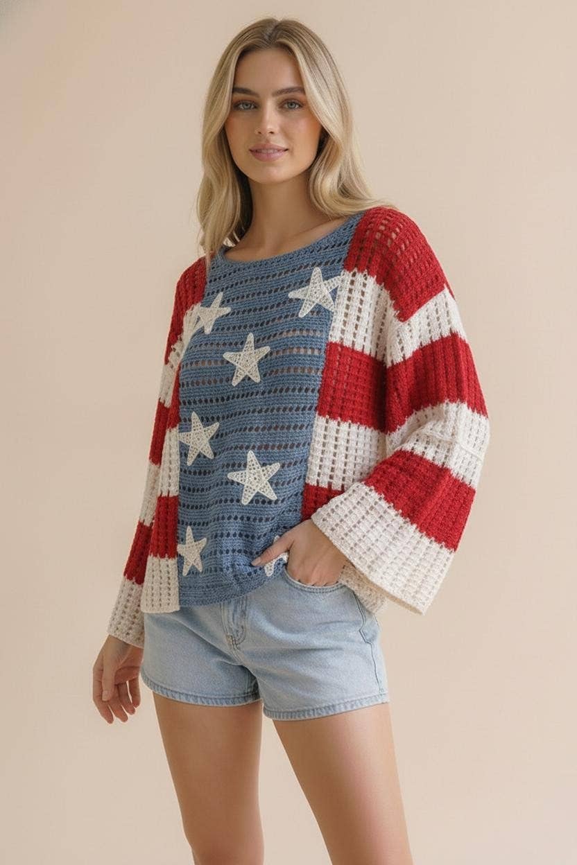 Long Sleeve Star and Stripe Crochet Sweater