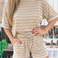 Stripe Rib Loose Tee Drawstring Elastic Waist 2pcs Short Set