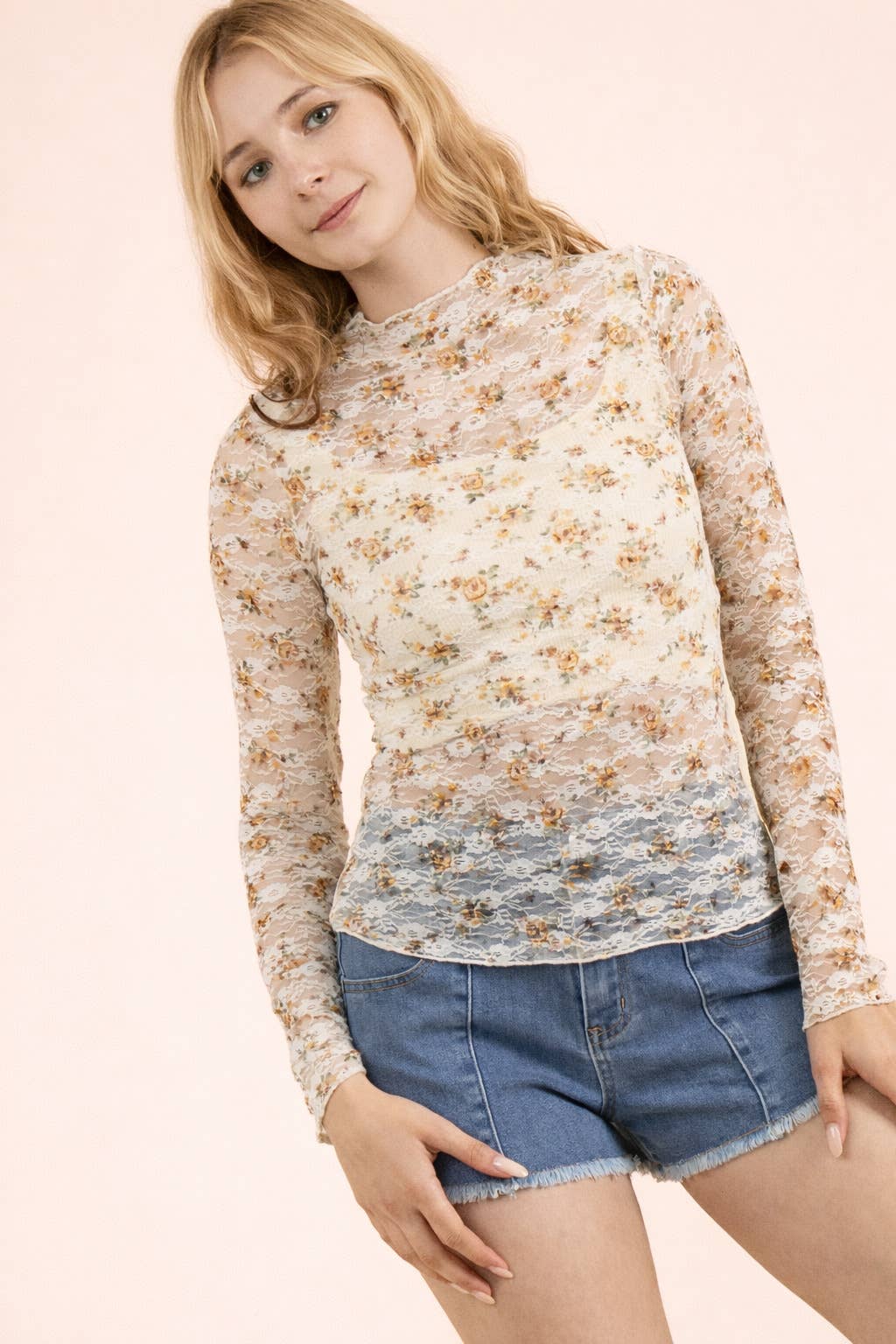 High Neck Fitted Sheer Mesh Lace Knit Top