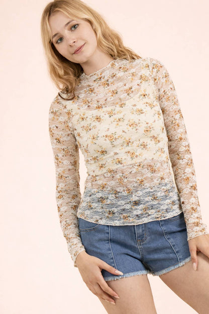 High Neck Fitted Sheer Mesh Lace Knit Top
