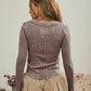 WASHED LONG SLEEVE RIBBED HENLEY KNIT TOP