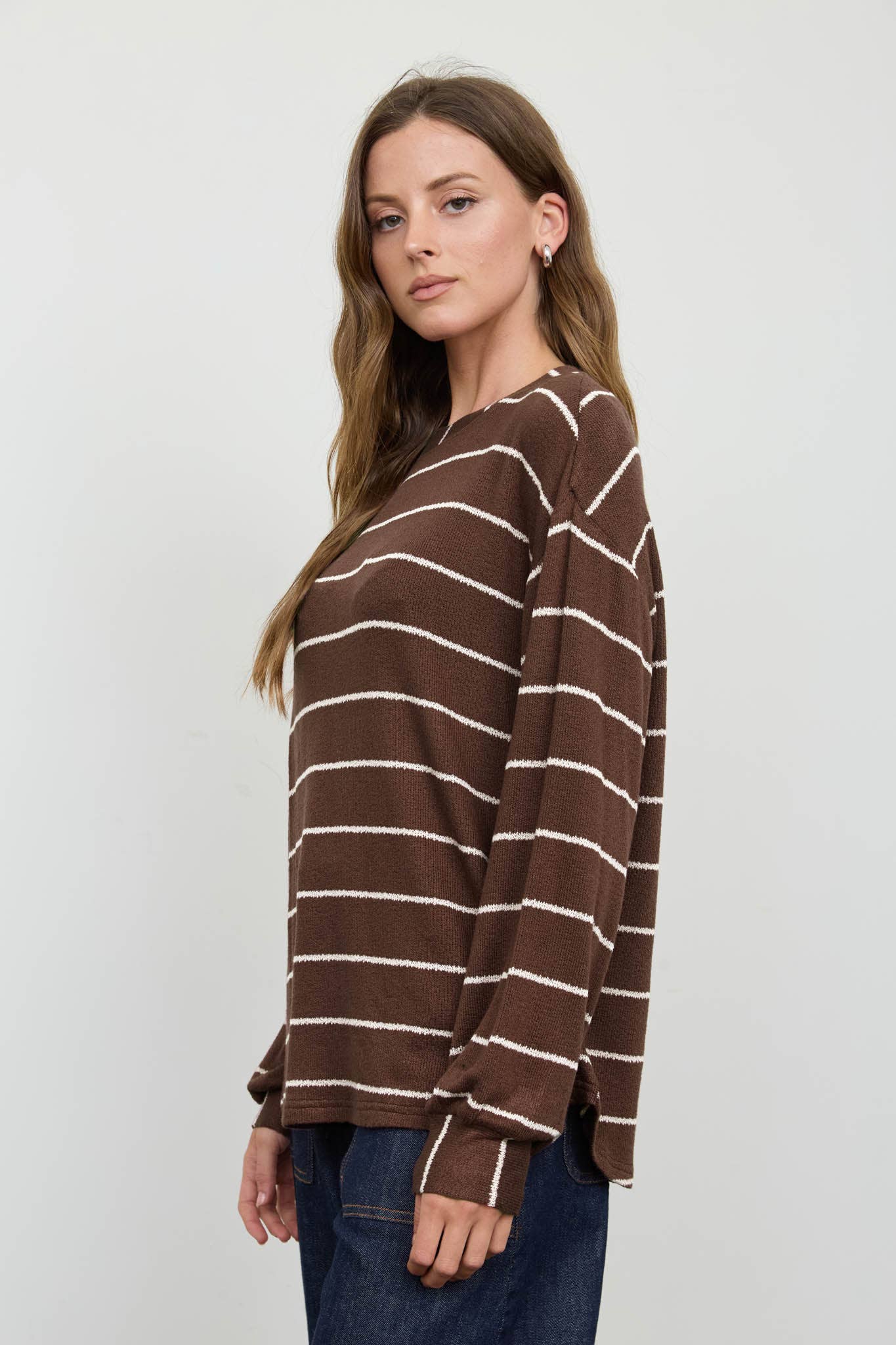 STRIPE LONG SLEEVE CUFFED RELAXED KNIT TOP