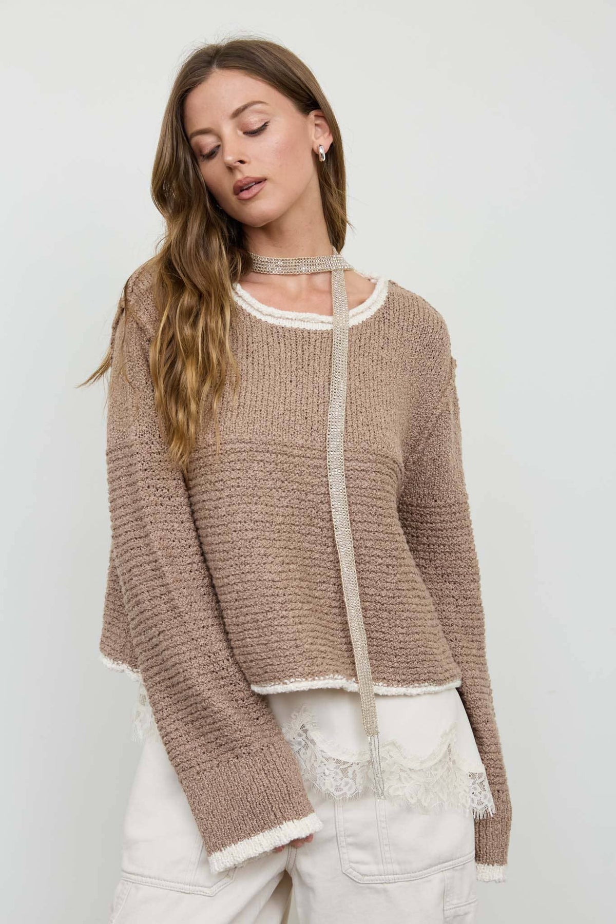 CONTRAST TRIM AND KNIT PATTERN LONG SLEEVE SWEATER