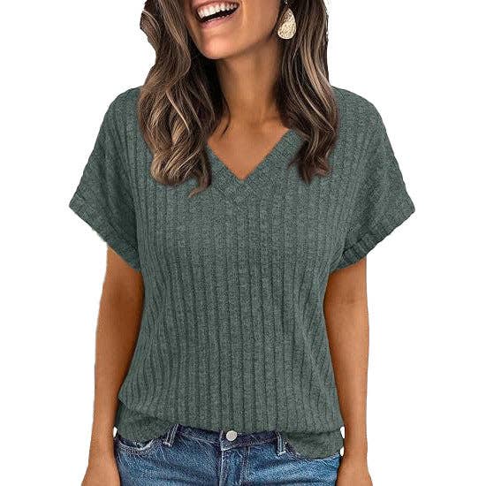 Ribbed Knit V-Neck Top – Relaxed Fit Casual Summer Tee