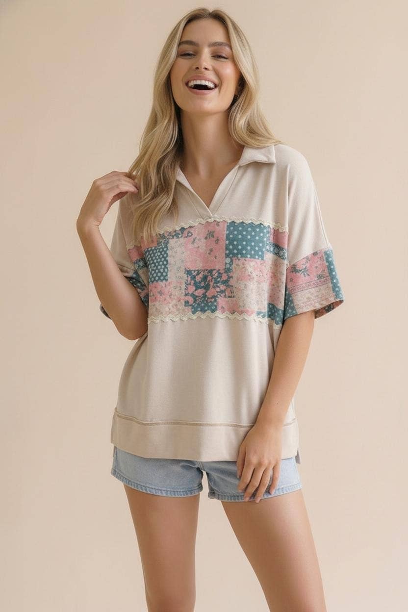 Collared Notch Neck Floral Patchwork Print Top