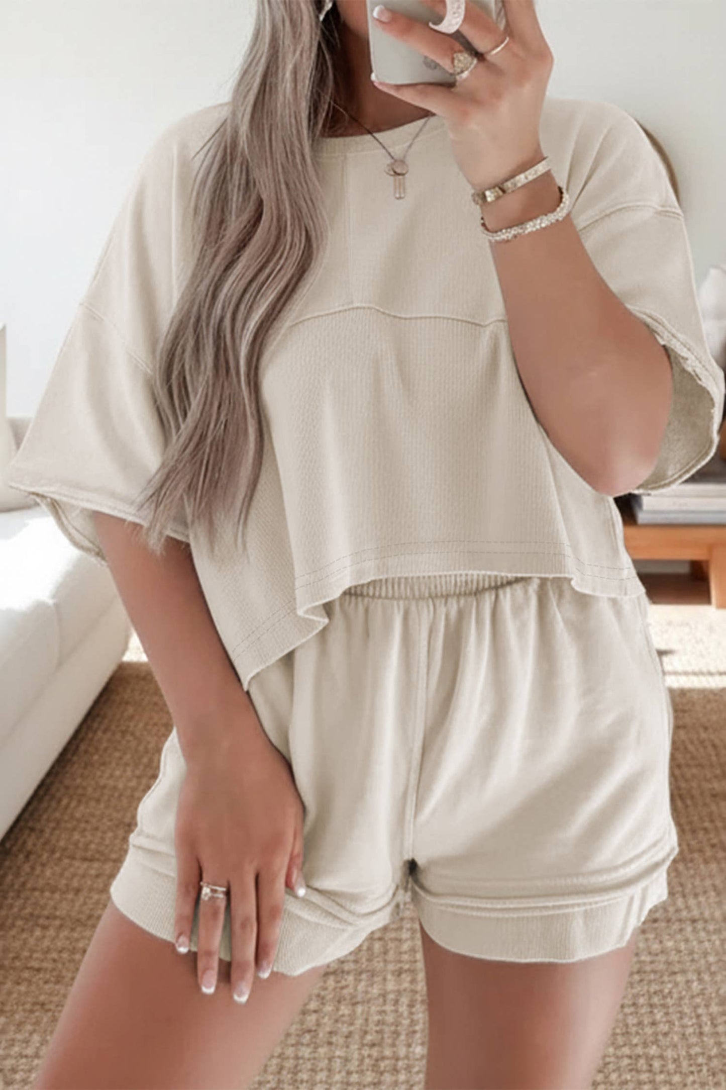 Textured Patchwork Raw Edge Short Set