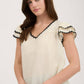 V NECK WAVY TRIM RUFFLE SLEEVE TOP
