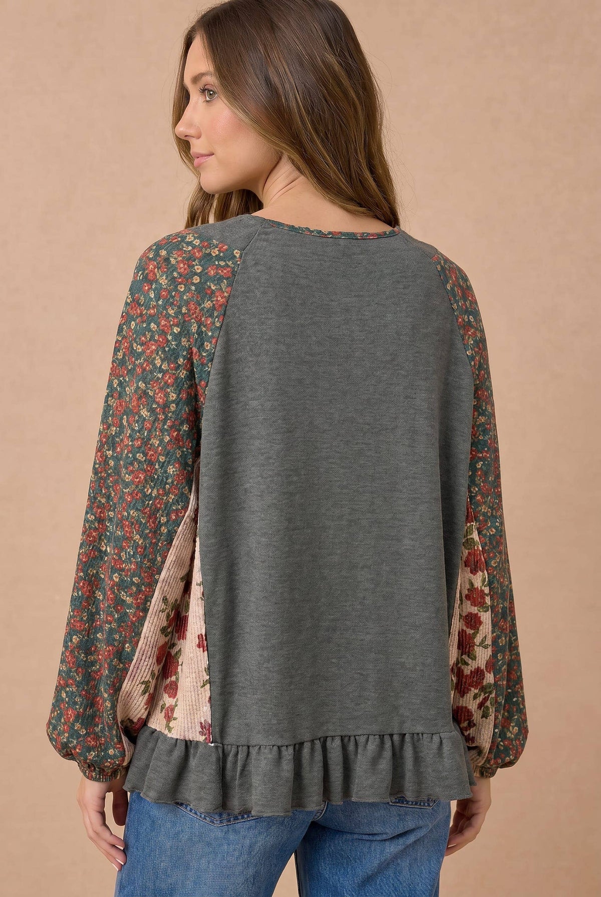 Plus Floral Patchwork Tie Front Ruffle Hem Top
