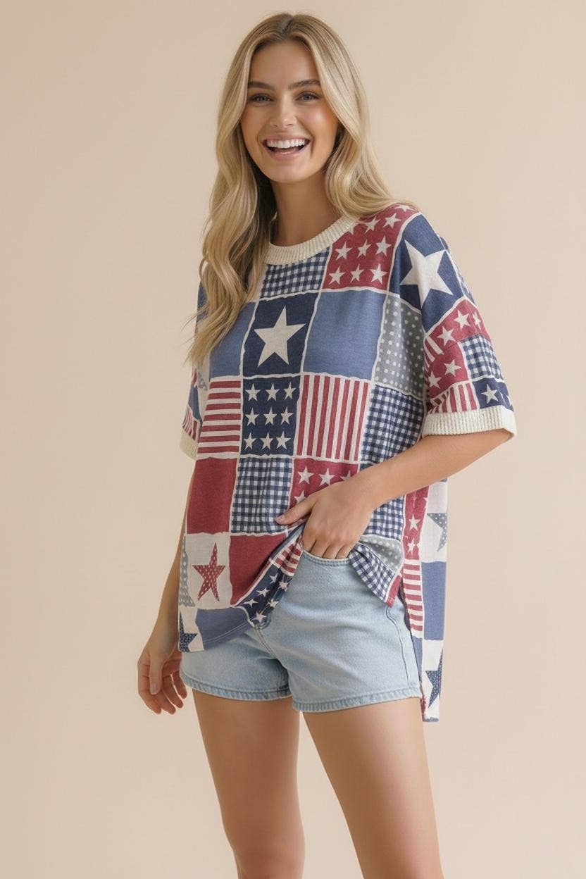 Round Neck Star and Stripe Patchwork Print
