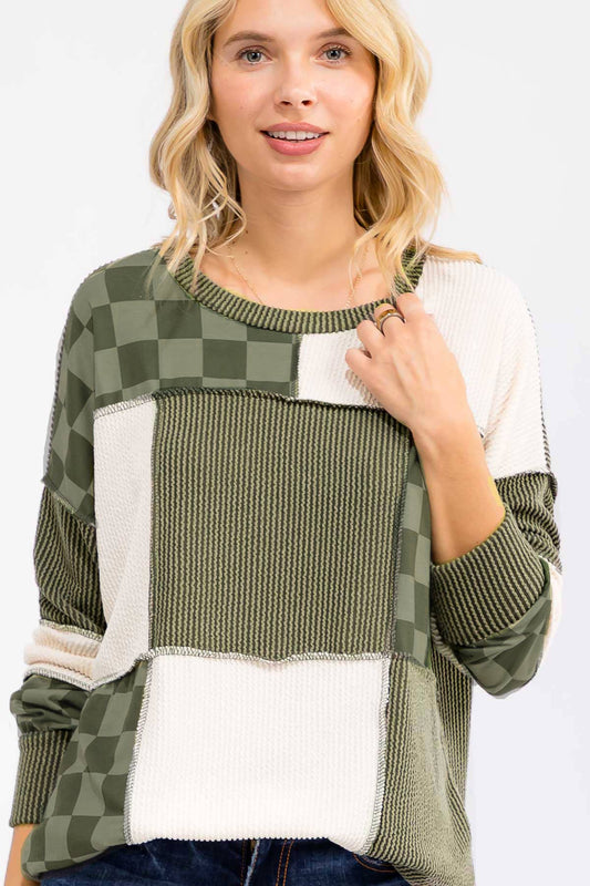 Patchwork Rib And Checkerboard Pullover Top
