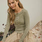 WASHED LONG SLEEVE RIBBED HENLEY KNIT TOP