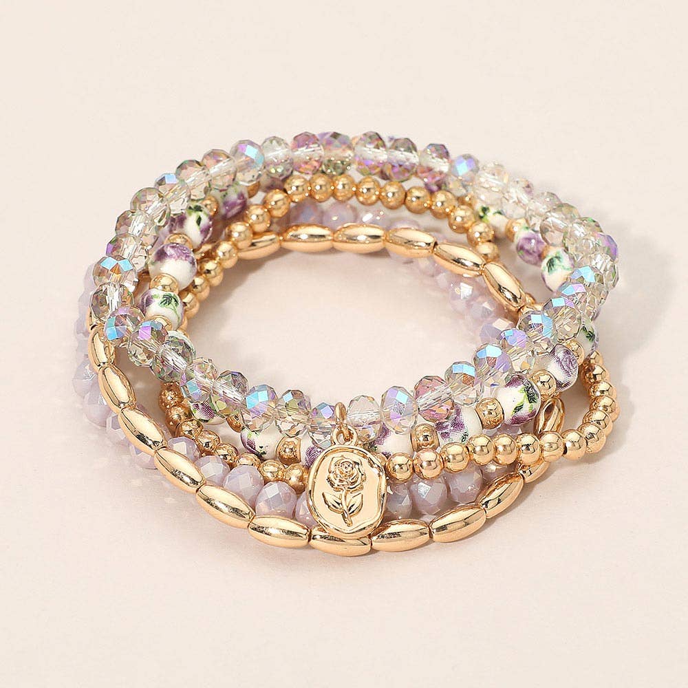 5PCS - Flower Stem Embossed Oval Charm Faceted Beaded Stretch Multi Layered Bracelets