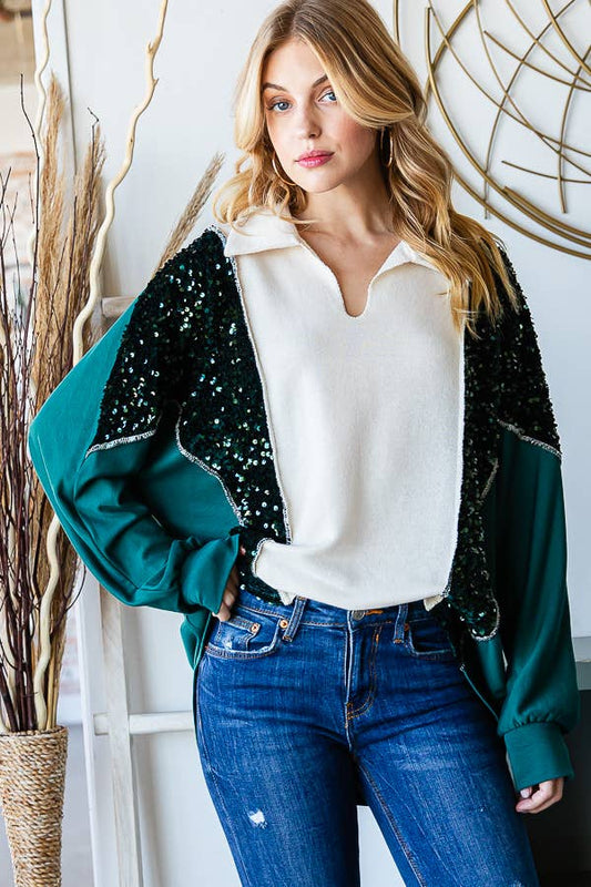 Dark Green Sequin Oversized Top