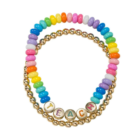 Set of 2 Beaded Stretch Bracelet with "Teach"