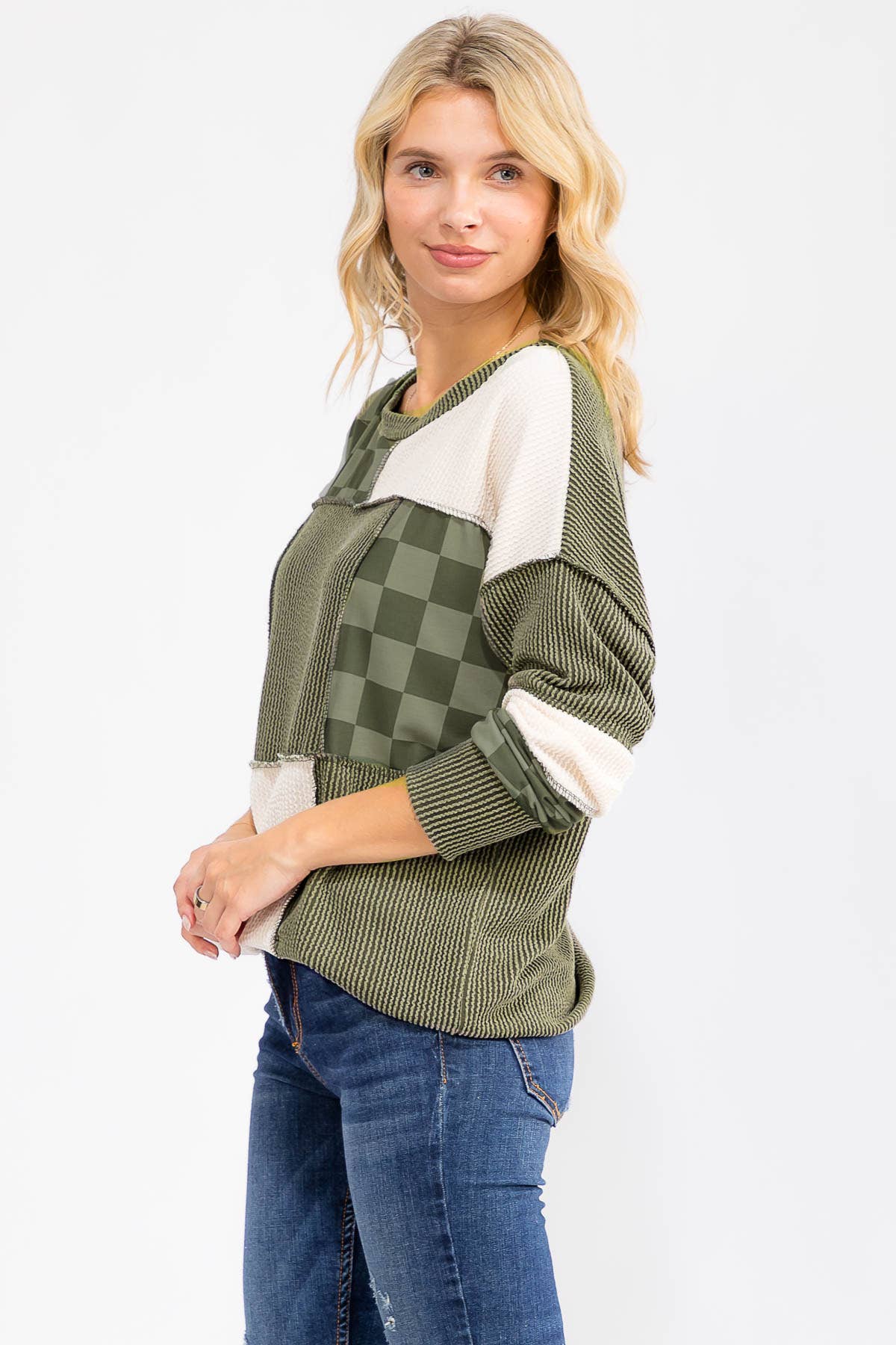 Patchwork Rib And Checkerboard Pullover Top