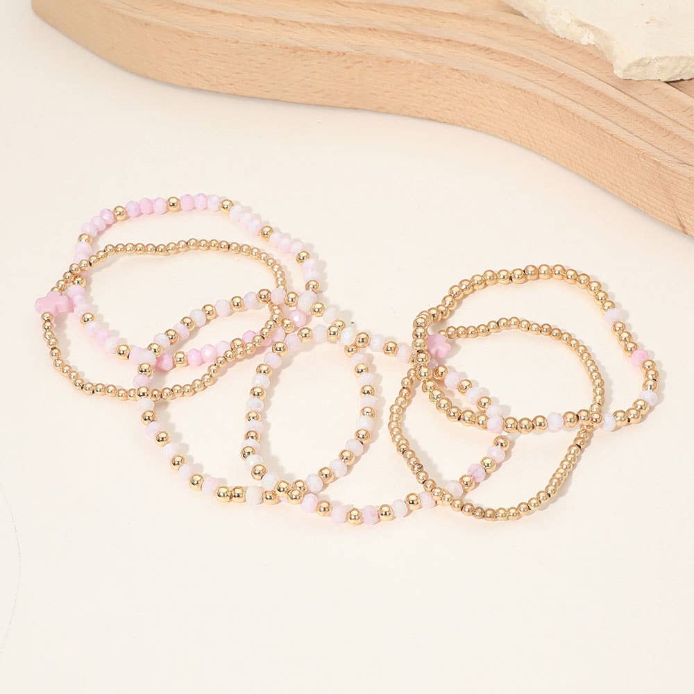 6PCS - Cross Charm Faceted Beaded Stretch Multi Layered Bracelets