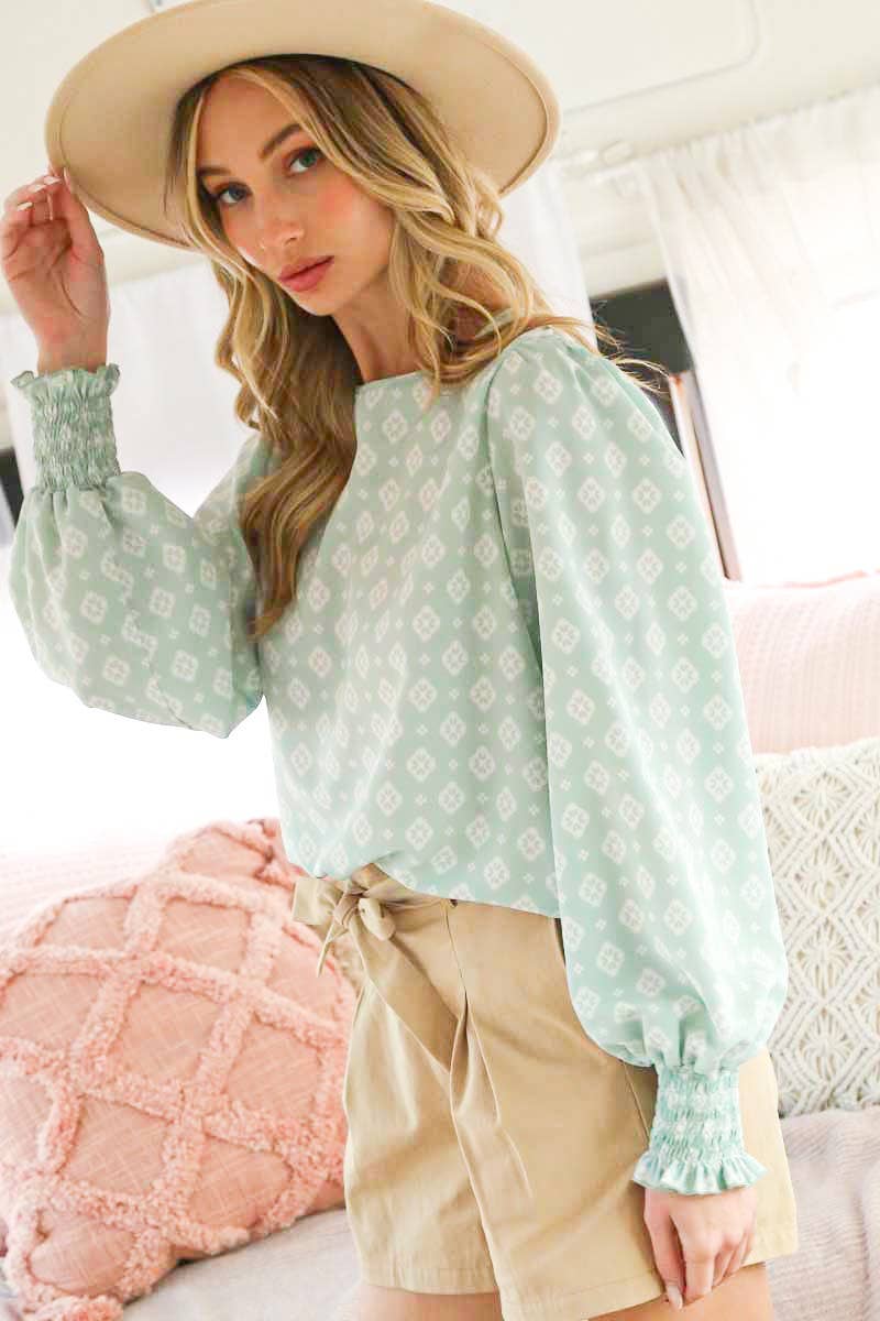 Geo Print Crew Neck Puff Sleeve Blouse