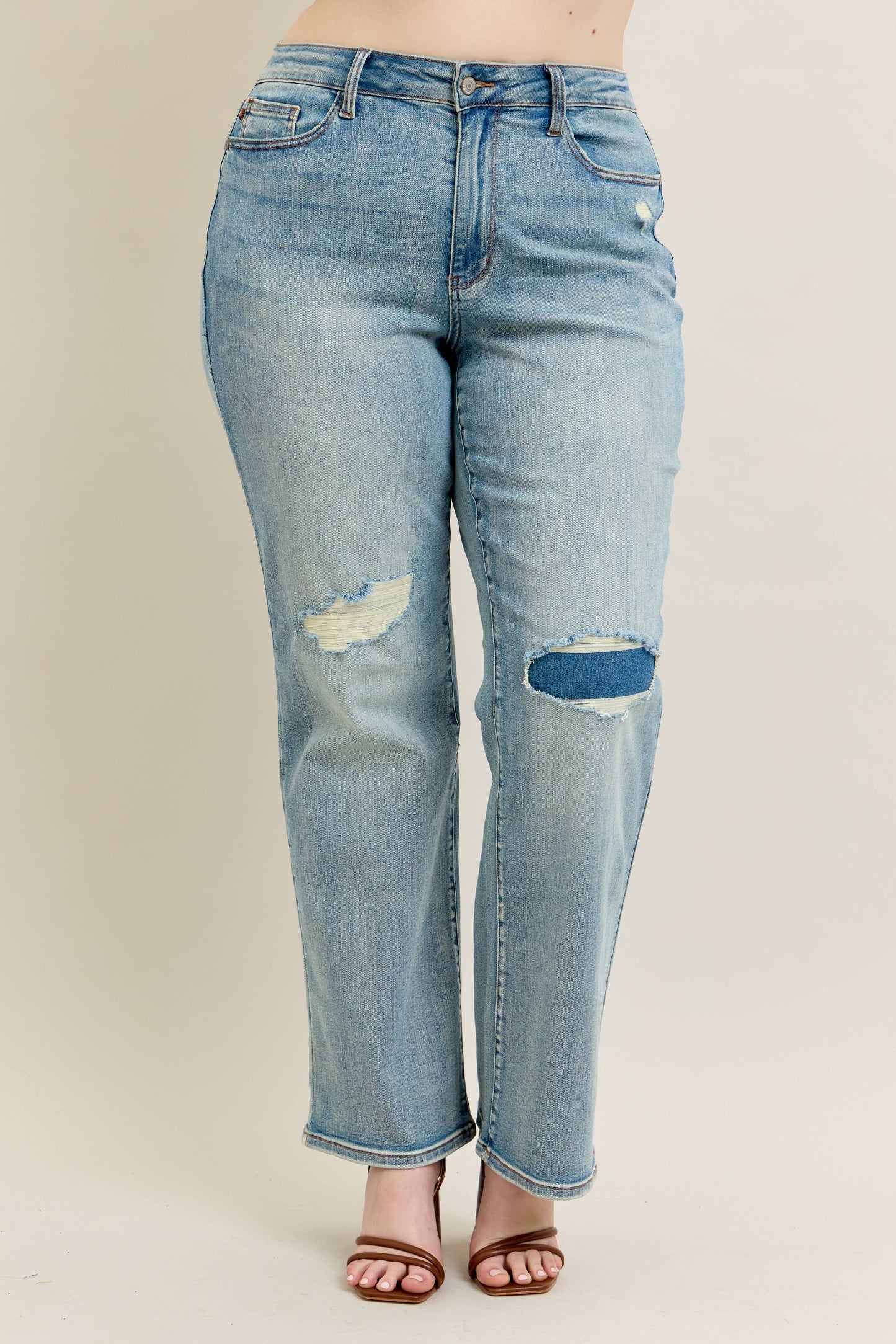 High Waisted Distressed & Knee Patch Straight- PLUS
