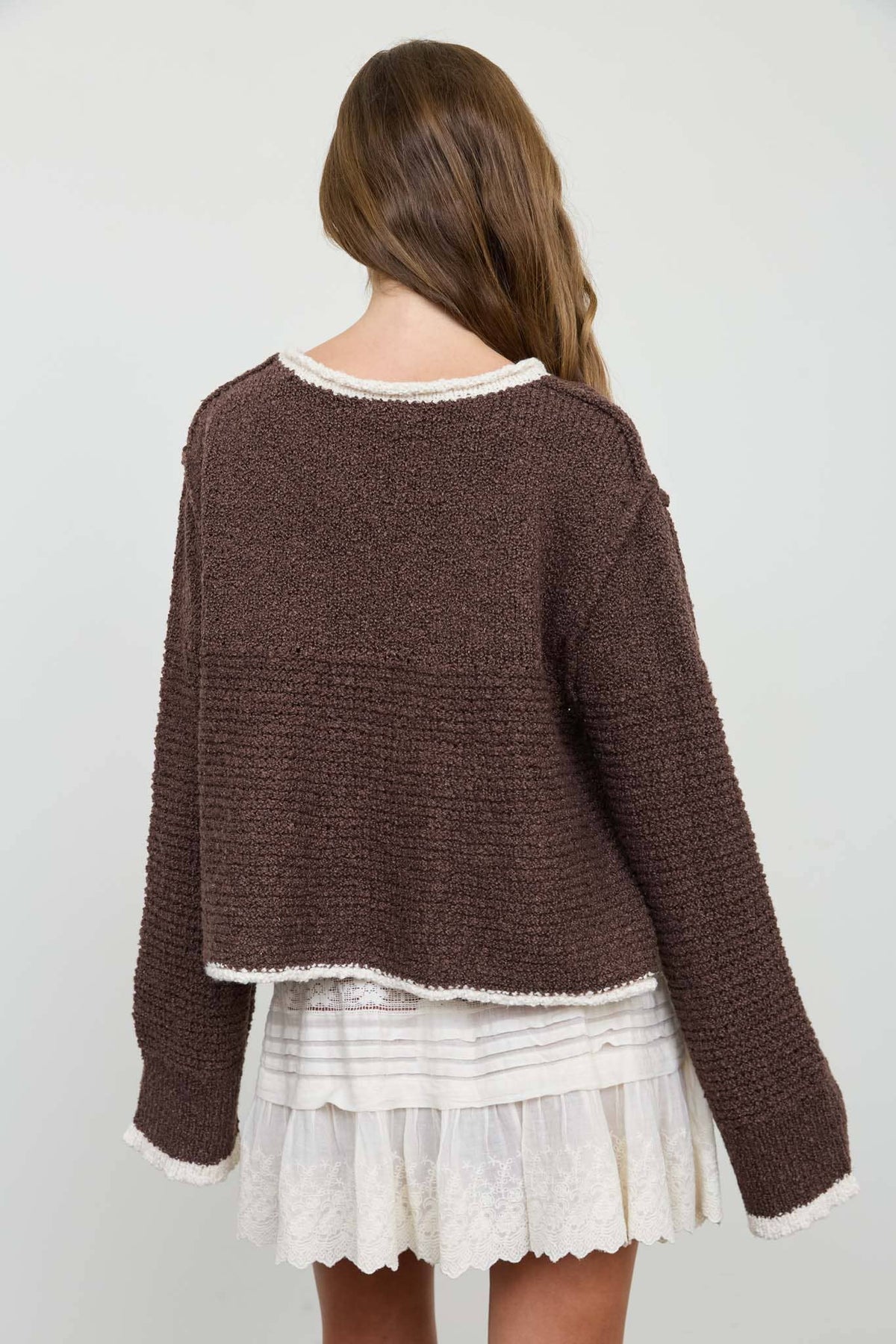 CONTRAST TRIM AND KNIT PATTERN LONG SLEEVE SWEATER
