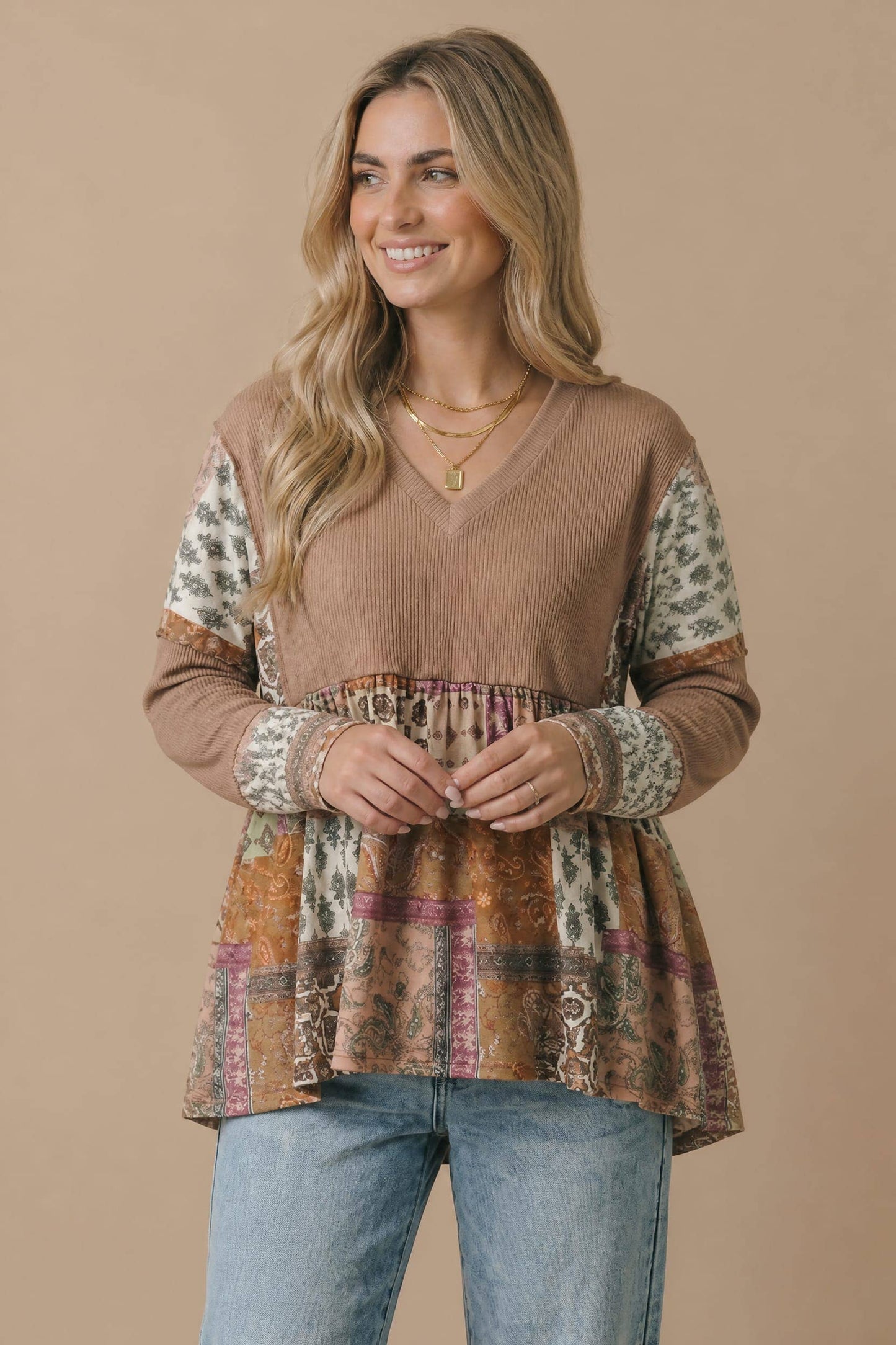 Boho Print Color Block Knit Top