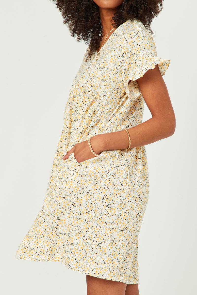 Womens Ditsy Floral Smocked V Neck Dress