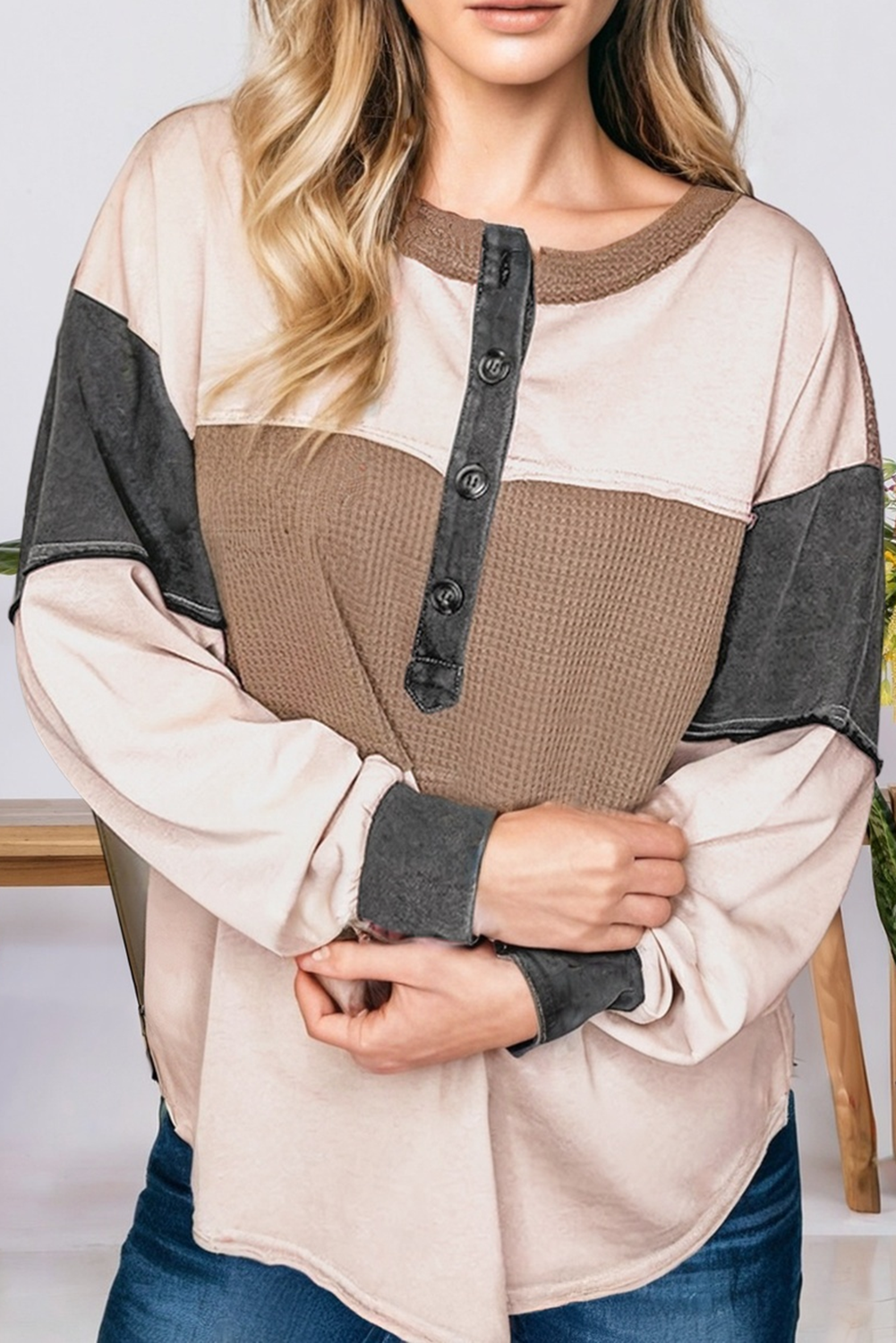 Colorblock Waffled Patchwork Loose Top