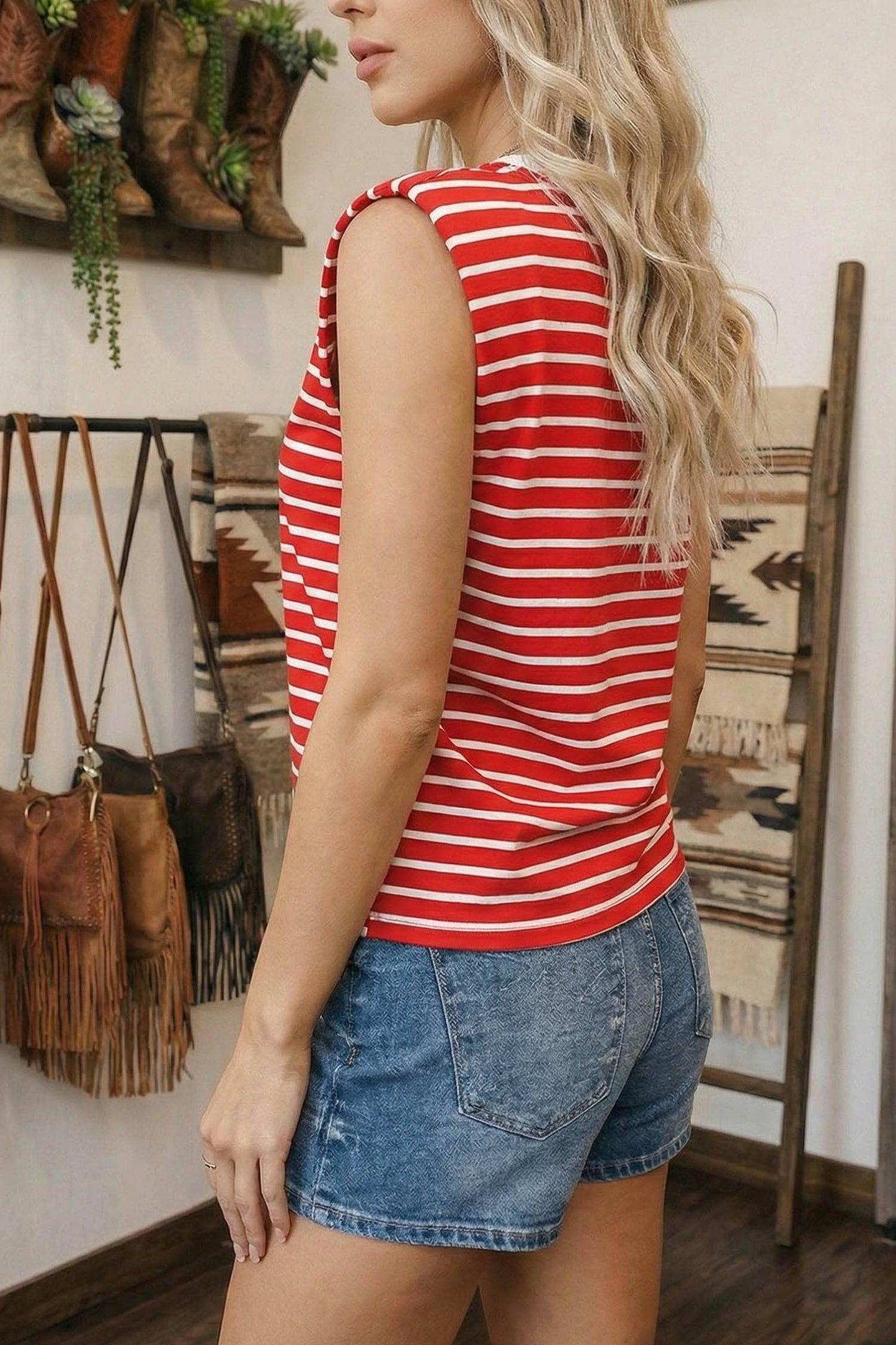 Fashion Stripe Ribbed Round Neck Trim Loose Tank Top