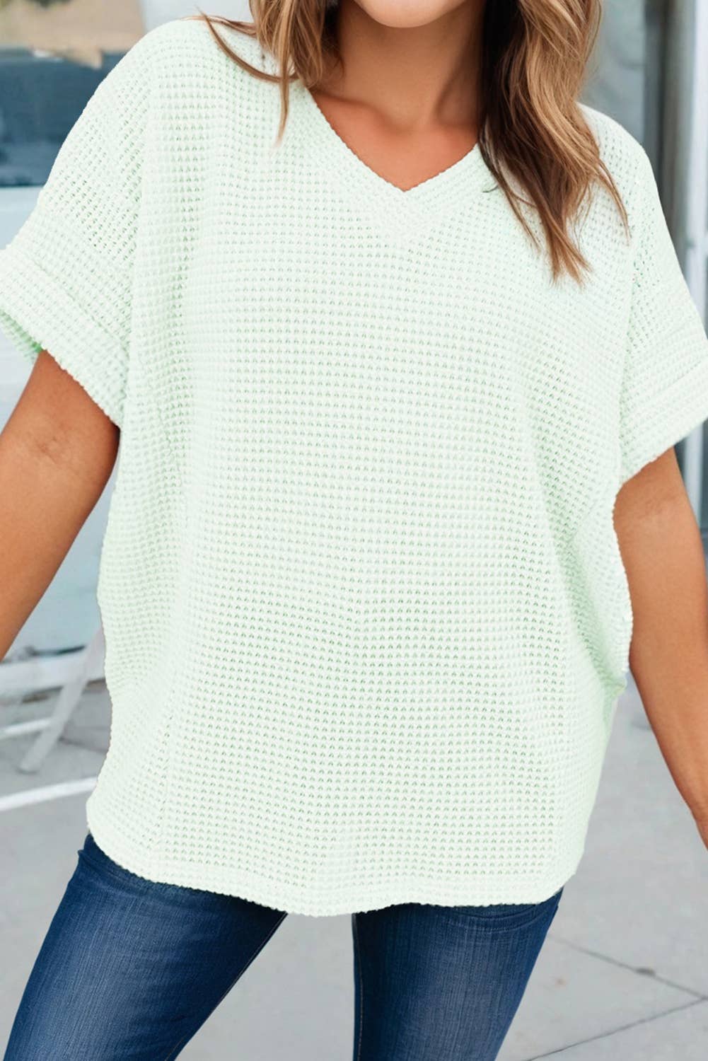 Waffle V Neck Short Sleeve Knit
