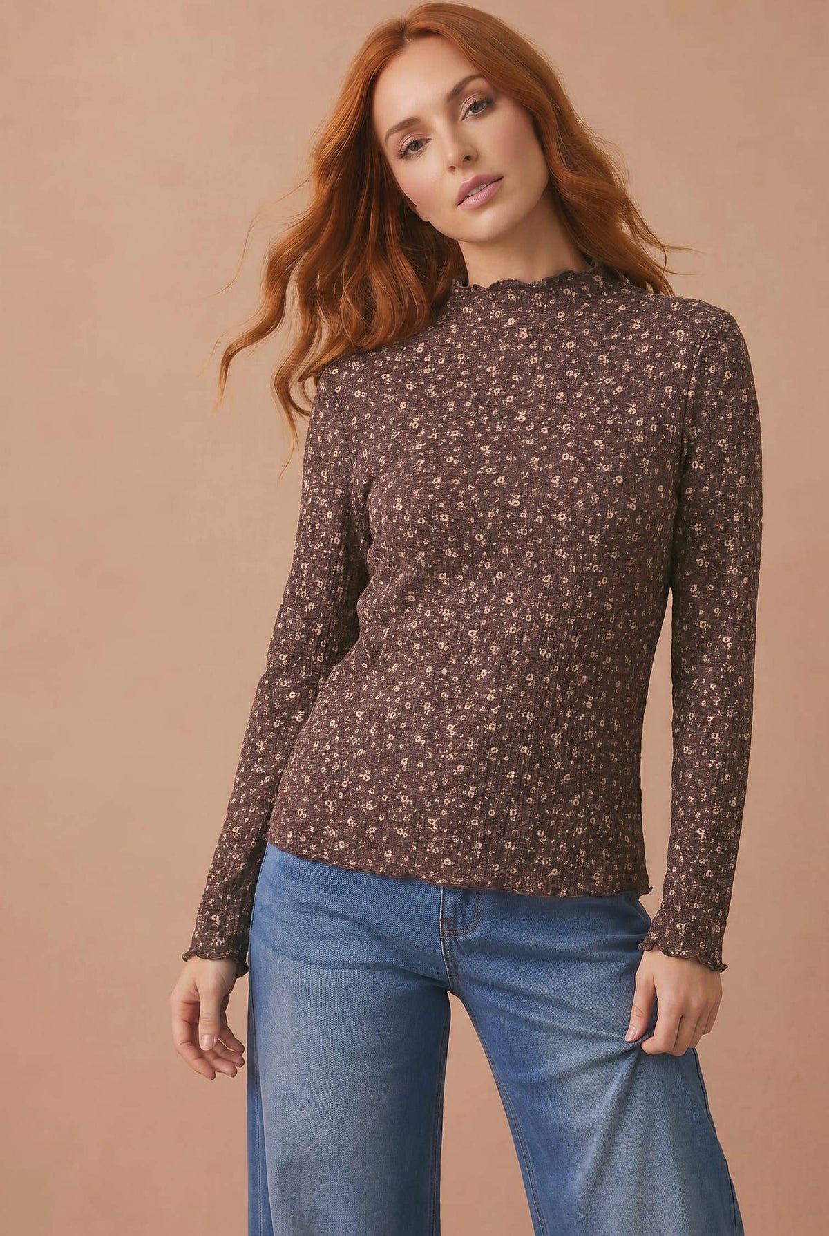 Floral Embossed Rib Frilled Merrow Hem Top
