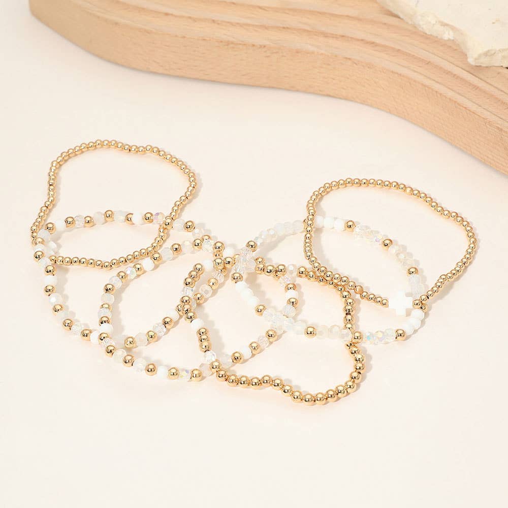 6PCS - Cross Charm Faceted Beaded Stretch Multi Layered Bracelets