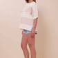 Womens Raw Edge Detail Color Block French Terry Knit Top