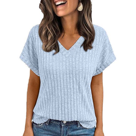 Ribbed Knit V-Neck Top – Relaxed Fit Casual Summer Tee