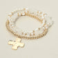3PCS - Hammered Metal Cross Charm Pearl Beaded Stretch Multi Layered Bracelets