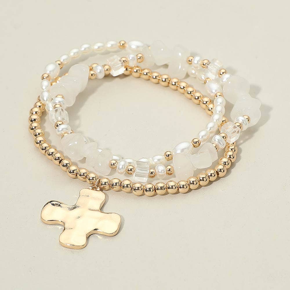 3PCS - Hammered Metal Cross Charm Pearl Beaded Stretch Multi Layered Bracelets