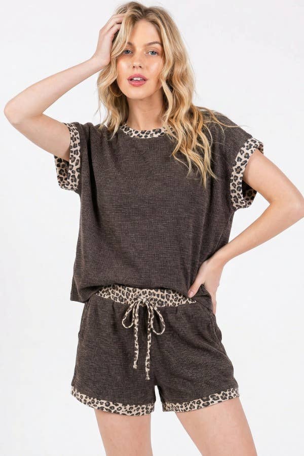 Leopard Print Trim Waffle Knit Loungewear Set