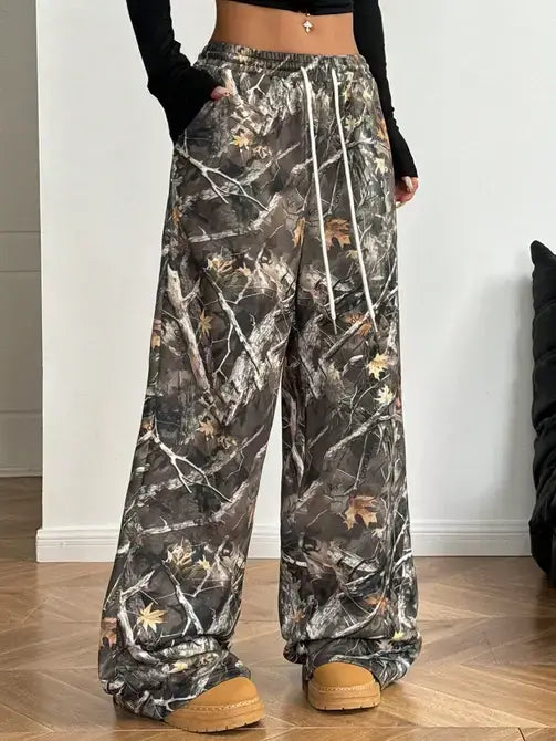 Tree Camo Wide Leg Pants High Waist Drawstring