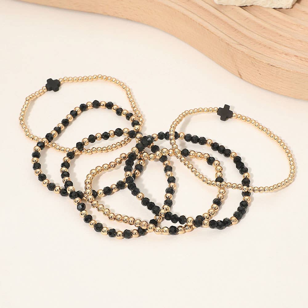 6PCS - Cross Charm Faceted Beaded Stretch Multi Layered Bracelets