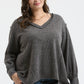 PLUS V NECK ASYMMETRICAL HEM LONG SLEEVE KNIT TOP