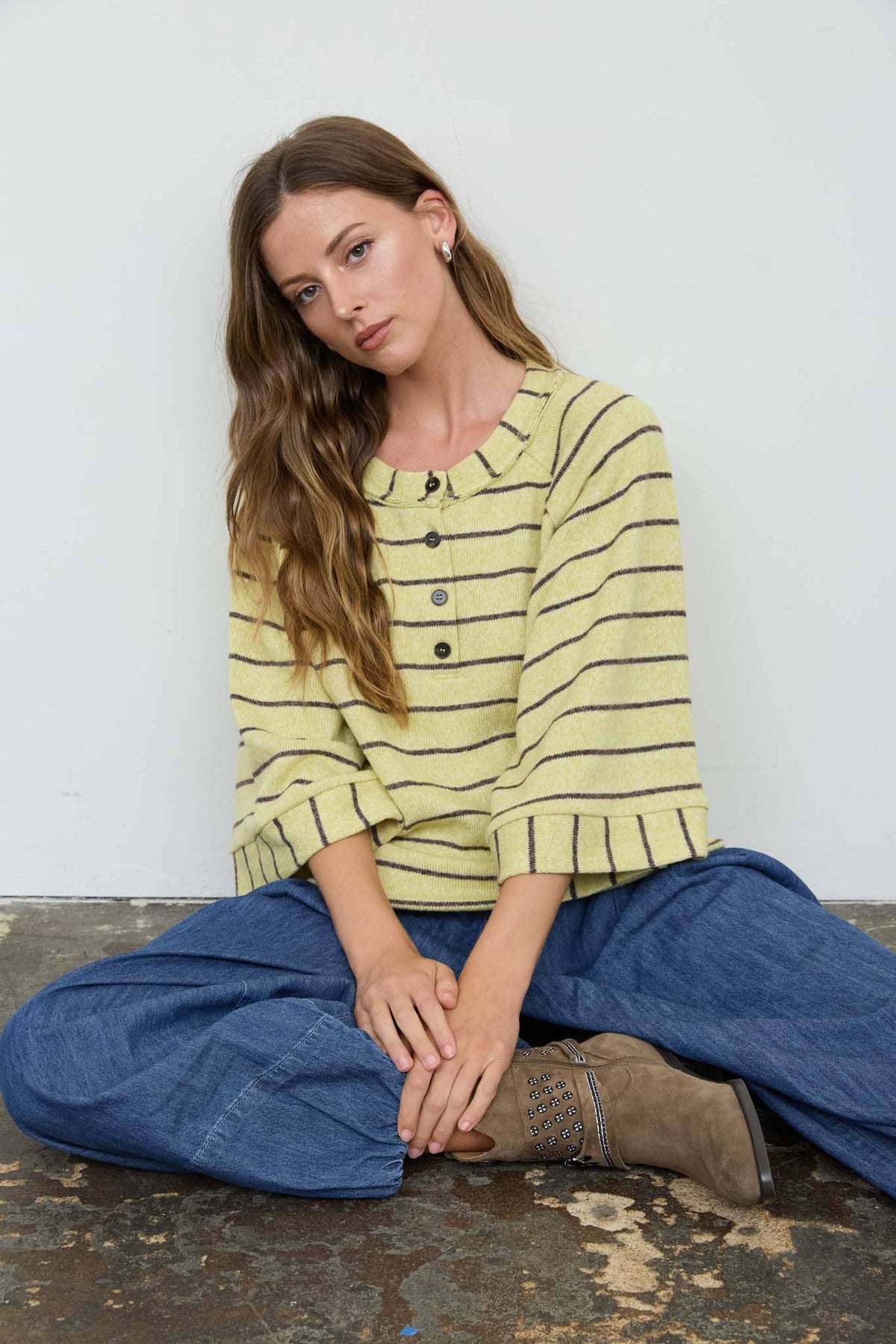 STRIPE HENLEY WIDE LONG SLEEVE KNIT TOP