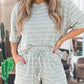 Stripe Rib Loose Tee Drawstring Elastic Waist 2pcs Short Set